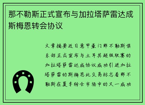 那不勒斯正式宣布与加拉塔萨雷达成斯梅恩转会协议