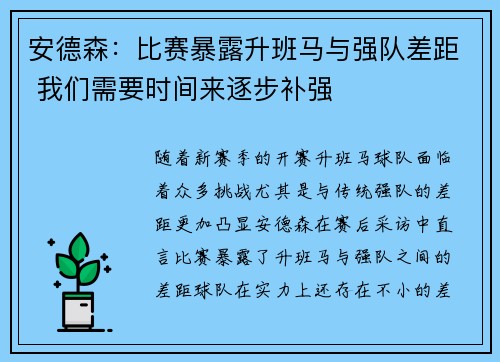 安德森：比赛暴露升班马与强队差距 我们需要时间来逐步补强